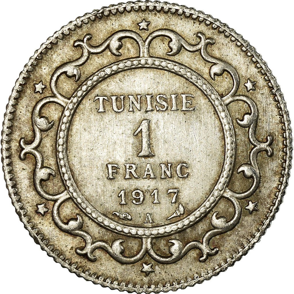 Coin, Tunisia, Muhammad al-Nasir Bey, Franc, 1917, Paris, AU(50-53), Silver