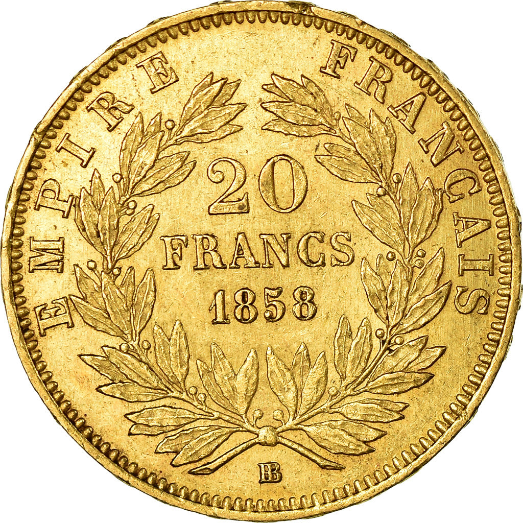Moneda, Francia, Napoleon III, Napoléon III, 20 Francs, 1858, Strasbourg, MBC+