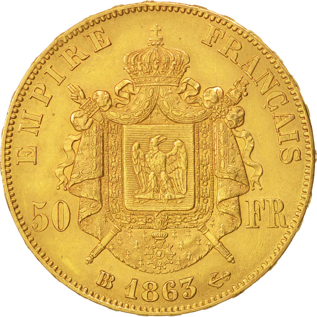 France, Napoleon III, 50 Francs, 1863, Strasbourg, Gold, KM:804.2