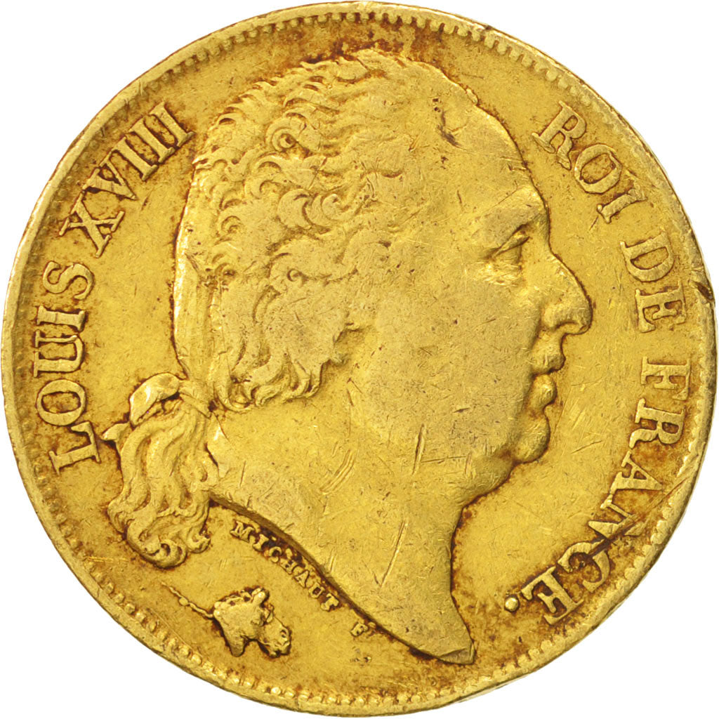 Coin, France, Louis XVIII, Louis XVIII, 20 Francs, 1820, Perpignan, VF(30-35)