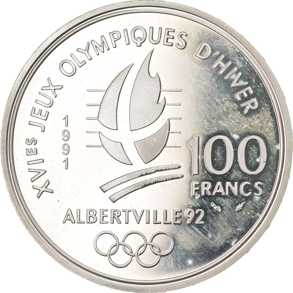 Moneta, Francja, Hockey players, 100 Francs, 1991, Albertville 92, MS(65-70)