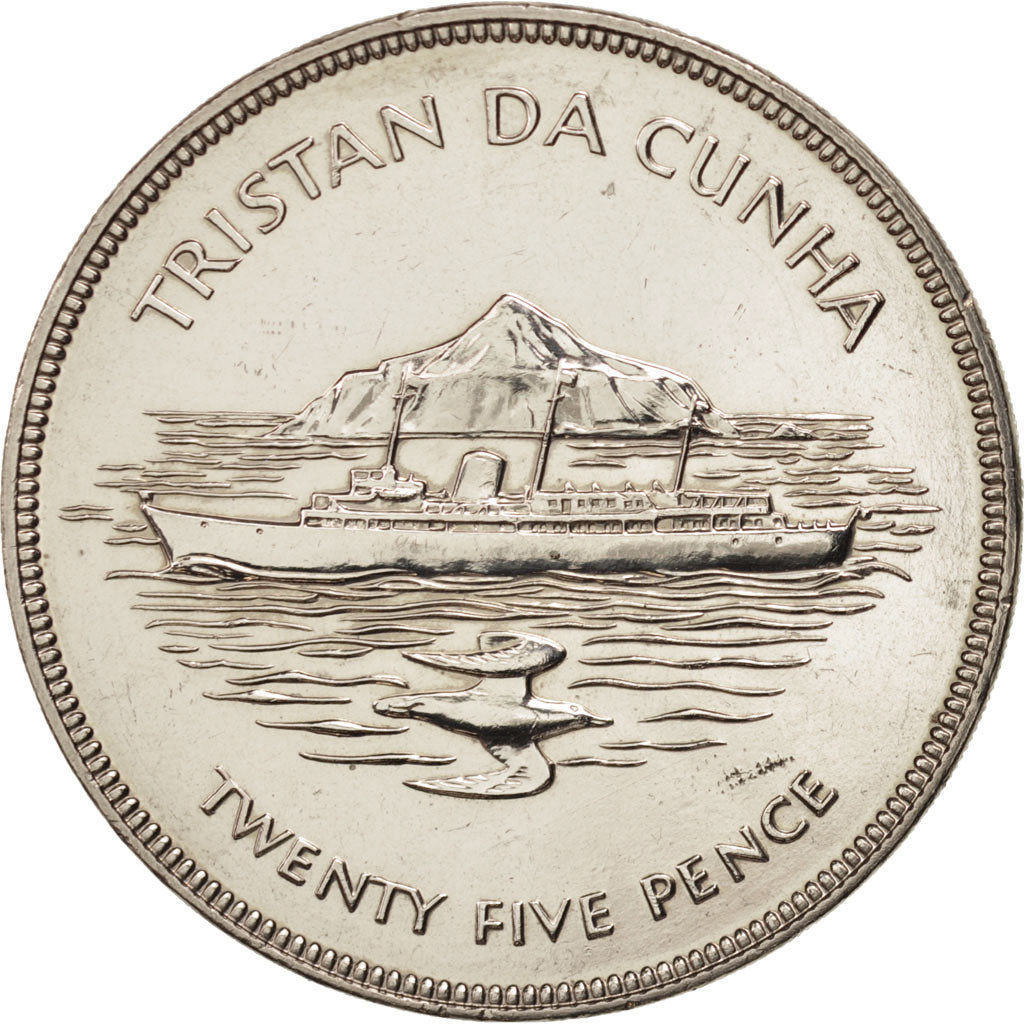 Tristan Da Cunha, Elizabeth II, 25 Pence, 1977, MS(64), Copper-nickel, KM:1