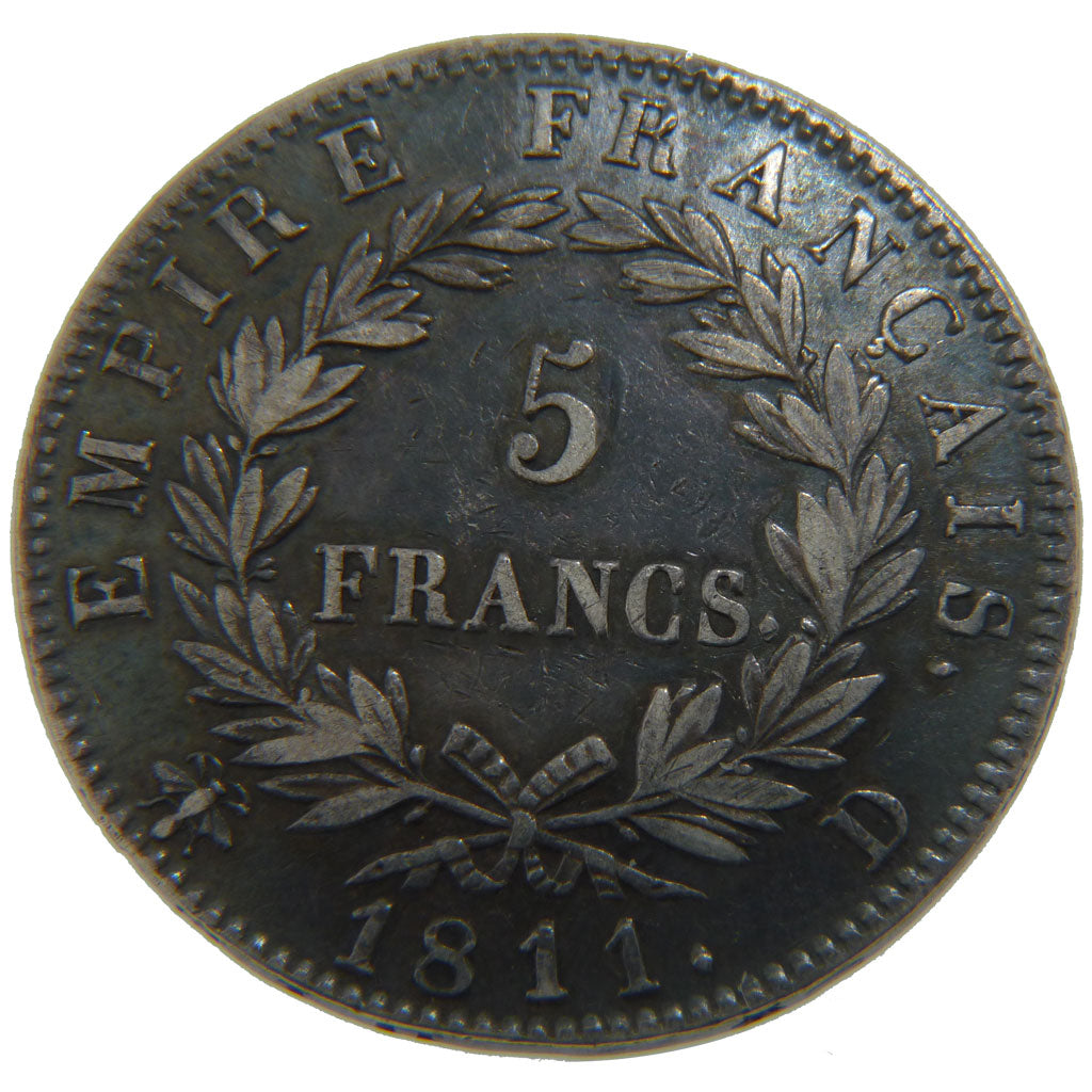 FRANCE, Napoléon I, 5 Francs, 1811, Lyons, EF(40-45), Silver, Gadoury #584, 2...