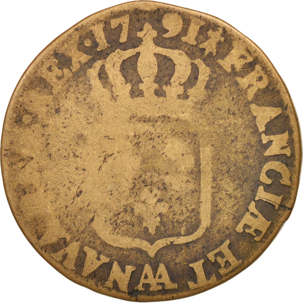 Moneta, Francja, Louis XVI, Sol, 1791, Metz, F(12-15), Miedź, KM:602.1
