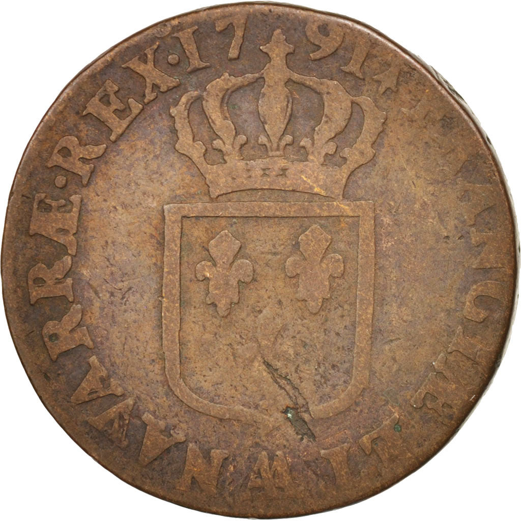 Moneta, Francja, Louis XVI, Sol, 1791, Metz, VF(20-25), Miedź, KM:602.1