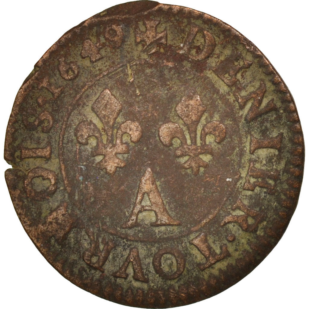 France, Louis XIV, Denier Tournois, 1649, Paris, VF(20-25), KM:167