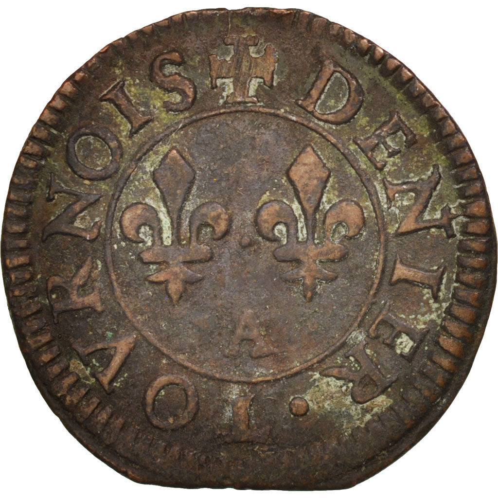 France, Henri III, Denier Tournois, Paris, VF(30-35), Copper, CGKL:90
