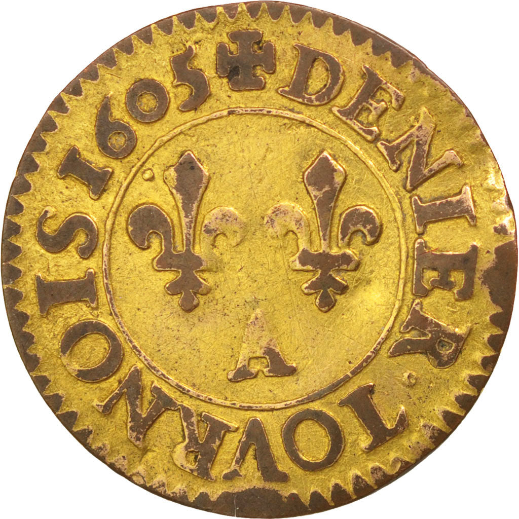 Coin, France, Henri IV, Denier Tournois, 1605, Paris, EF(40-45), Copper, KM:15