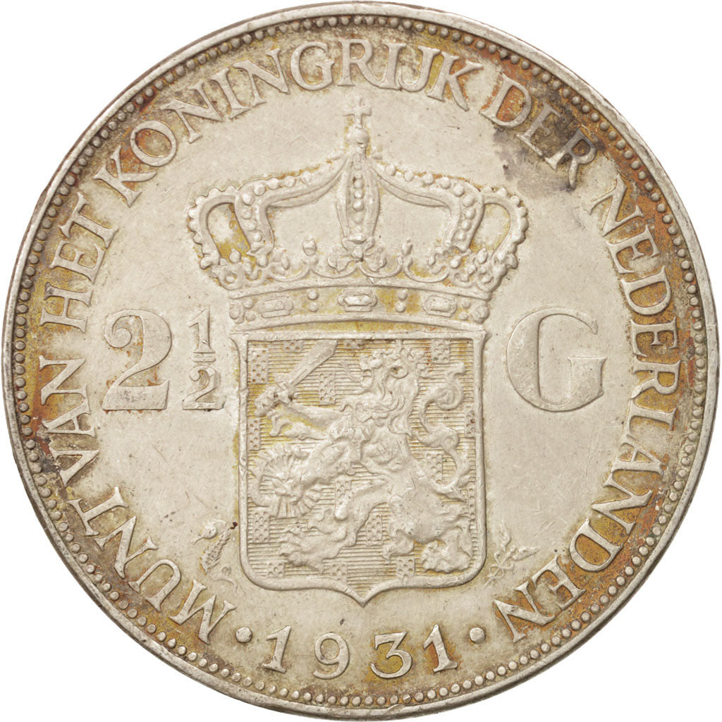 Coin, Netherlands, Wilhelmina I, 2-1/2 Gulden, 1931, AU(50-53), Silver, KM:165