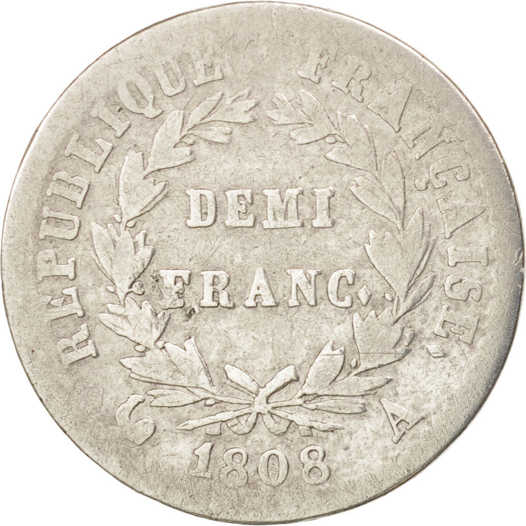 France, Napoléon I, 1/2 Franc, 1808, Paris, F(12-15), Silver, KM:680.1
