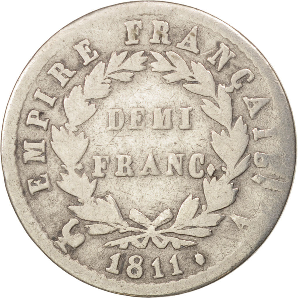 France, Napoléon I, 1/2 Franc, 1811, Paris, VF(20-25), Silver, KM:691.1