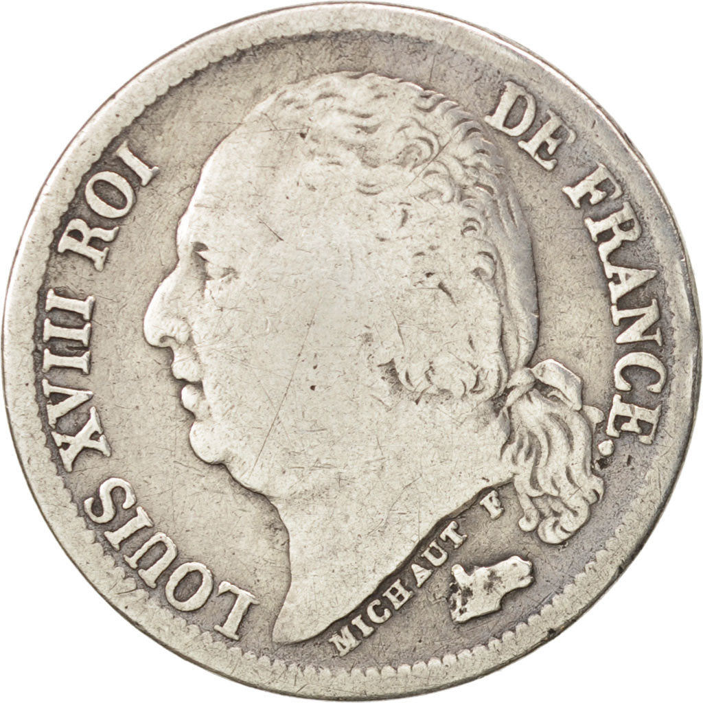 France, Louis XVIII, 1/2 Franc, 1824, Paris, F(12-15), Silver, KM:708.1
