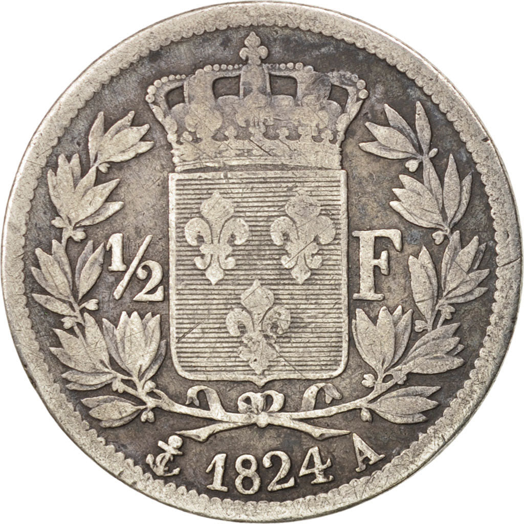France, Louis XVIII, 1/2 Franc, 1824, Paris, F(12-15), Silver, KM:708.1