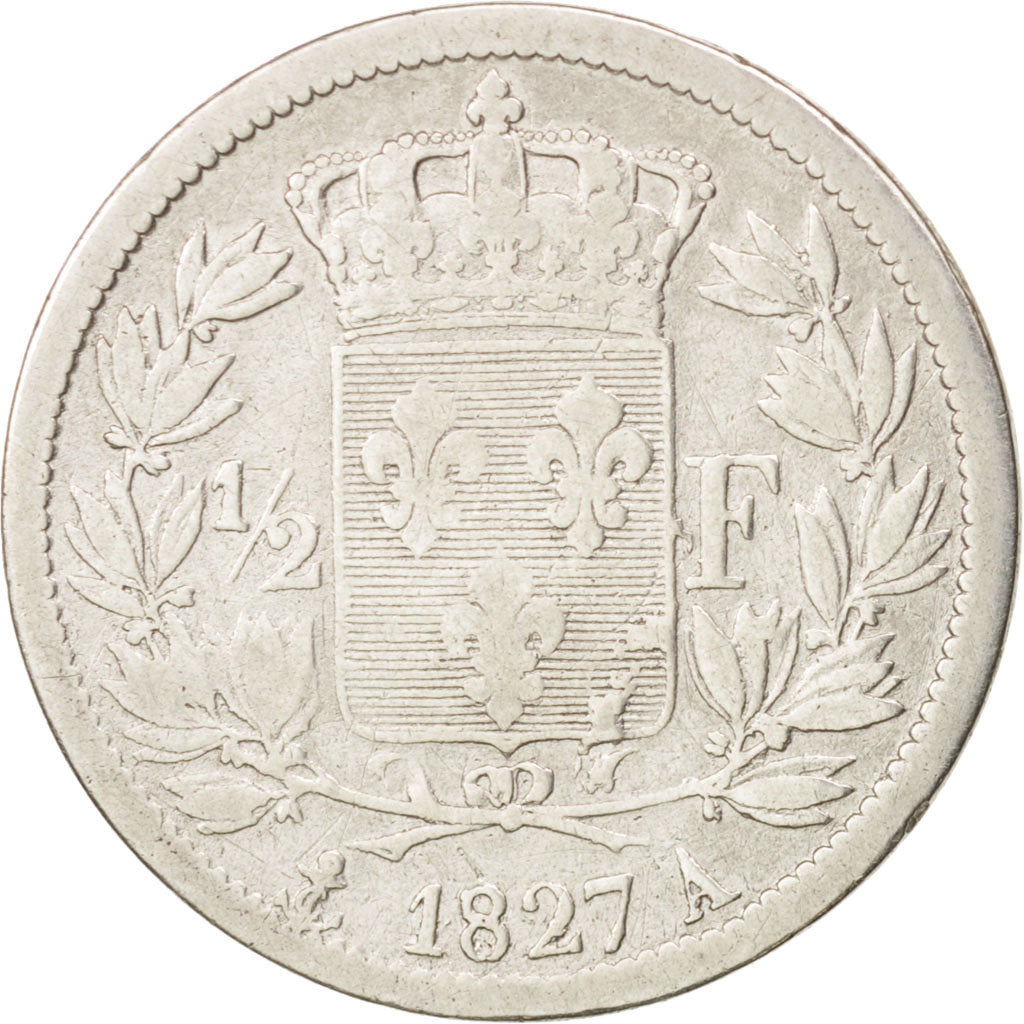 France, Charles X, 1/2 Franc, 1827, Paris, F(12-15), Silver, KM:723.1