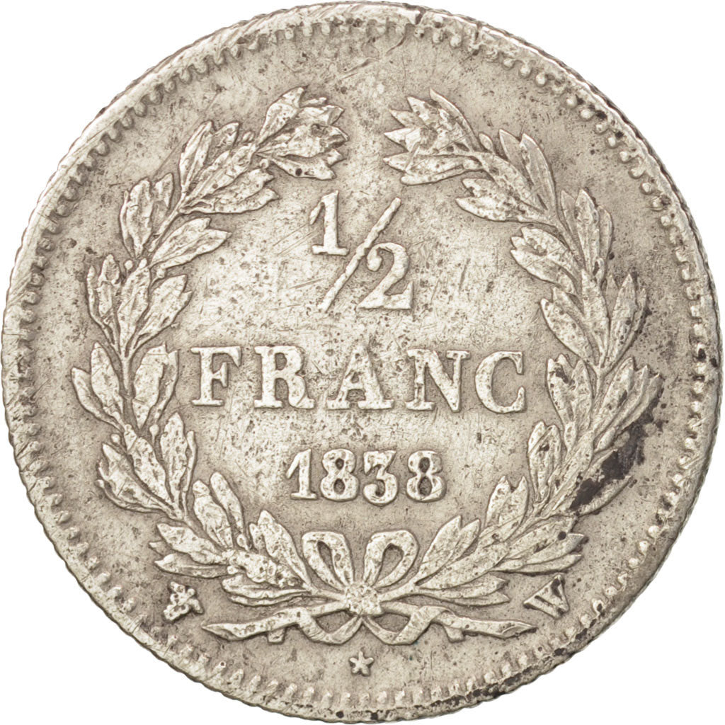 France, Louis-Philippe, 1/2 Franc, 1838, Lille, VF(20-25), Silver, KM:741.13