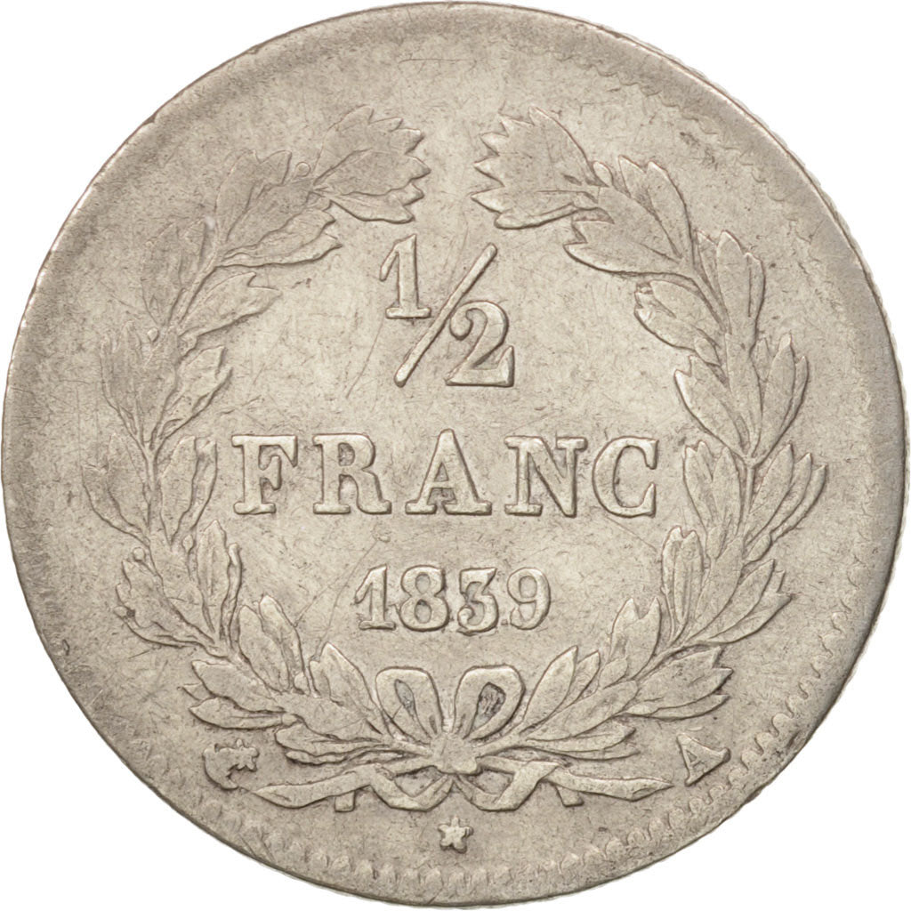France, Louis-Philippe, 1/2 Franc, 1839, Paris, VF(20-25), Silver, KM:741.1