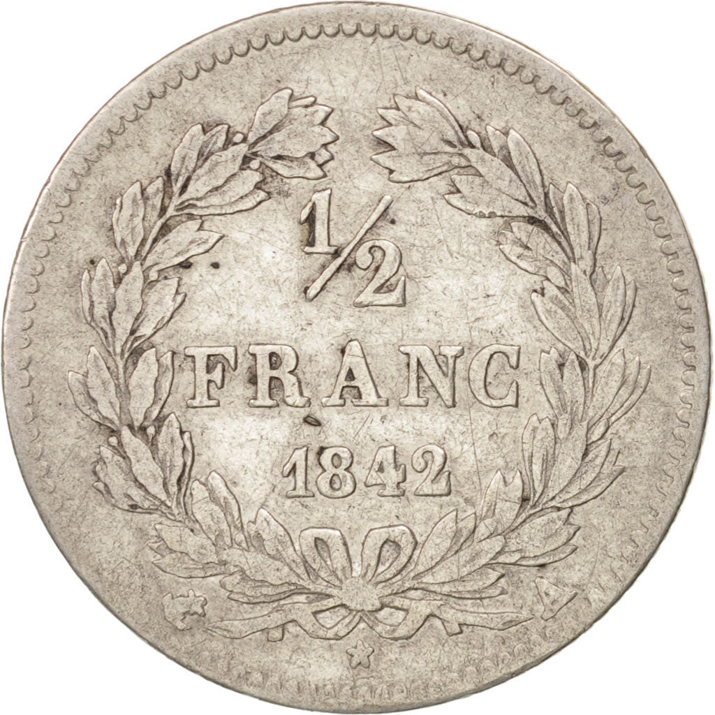 France, Louis-Philippe, 1/2 Franc, 1842, Paris, VF(30-35), Silver, KM:741.1