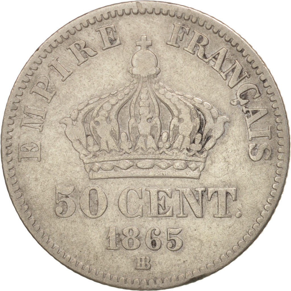 France, Napoleon III, 50 Centimes, 1865, Strasbourg, VF(30-35), Silver, KM:814.2