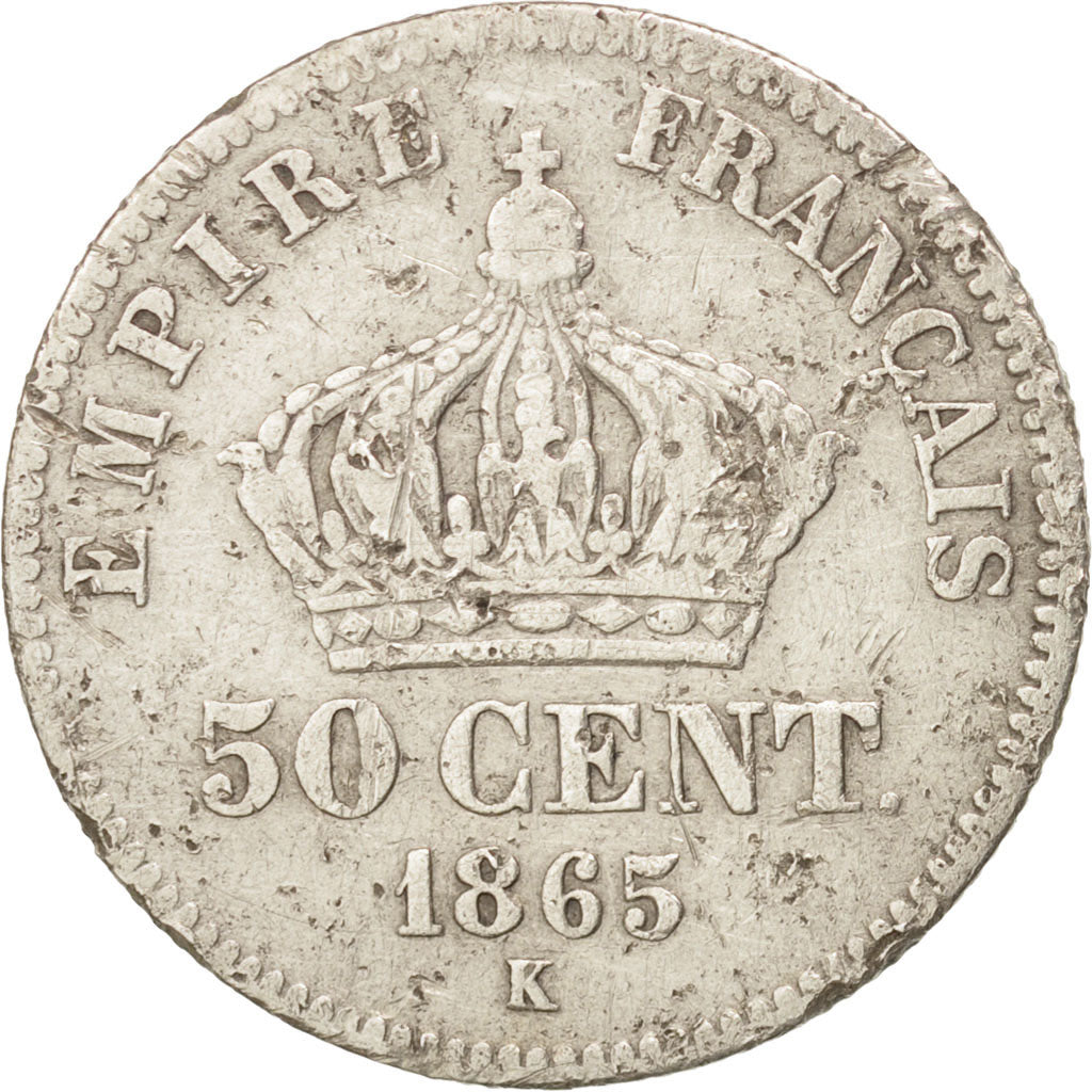 France, Napoleon III, 50 Centimes, 1865, Bordeaux, VF(20-25), Silver, KM:814.3