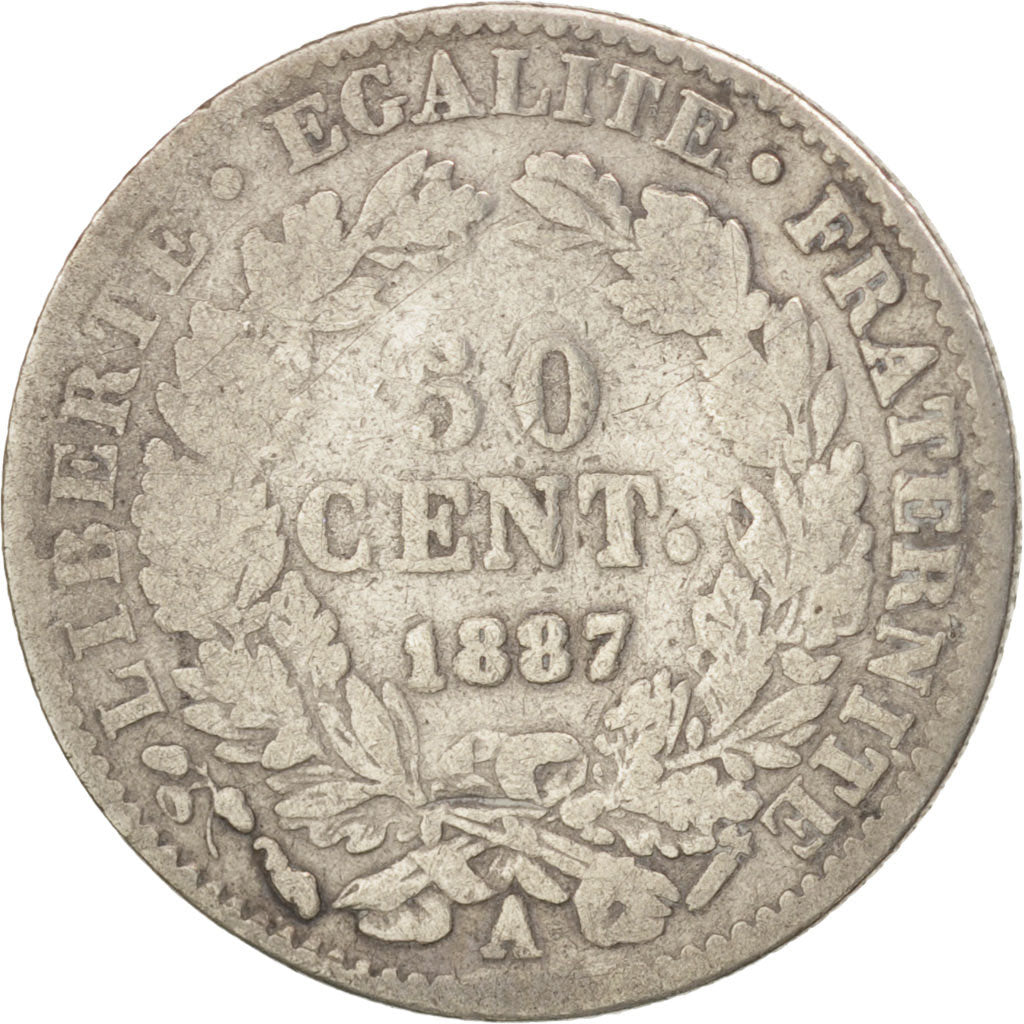 France, Cérès, 50 Centimes, 1887, Paris, VG(8-10), Silver, KM:834.1