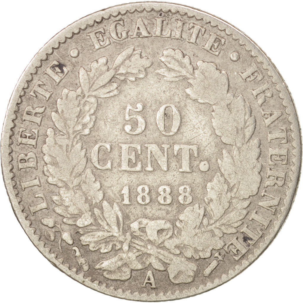 France, Cérès, 50 Centimes, 1888, Paris, VF(20-25), Silver, KM:834.1
