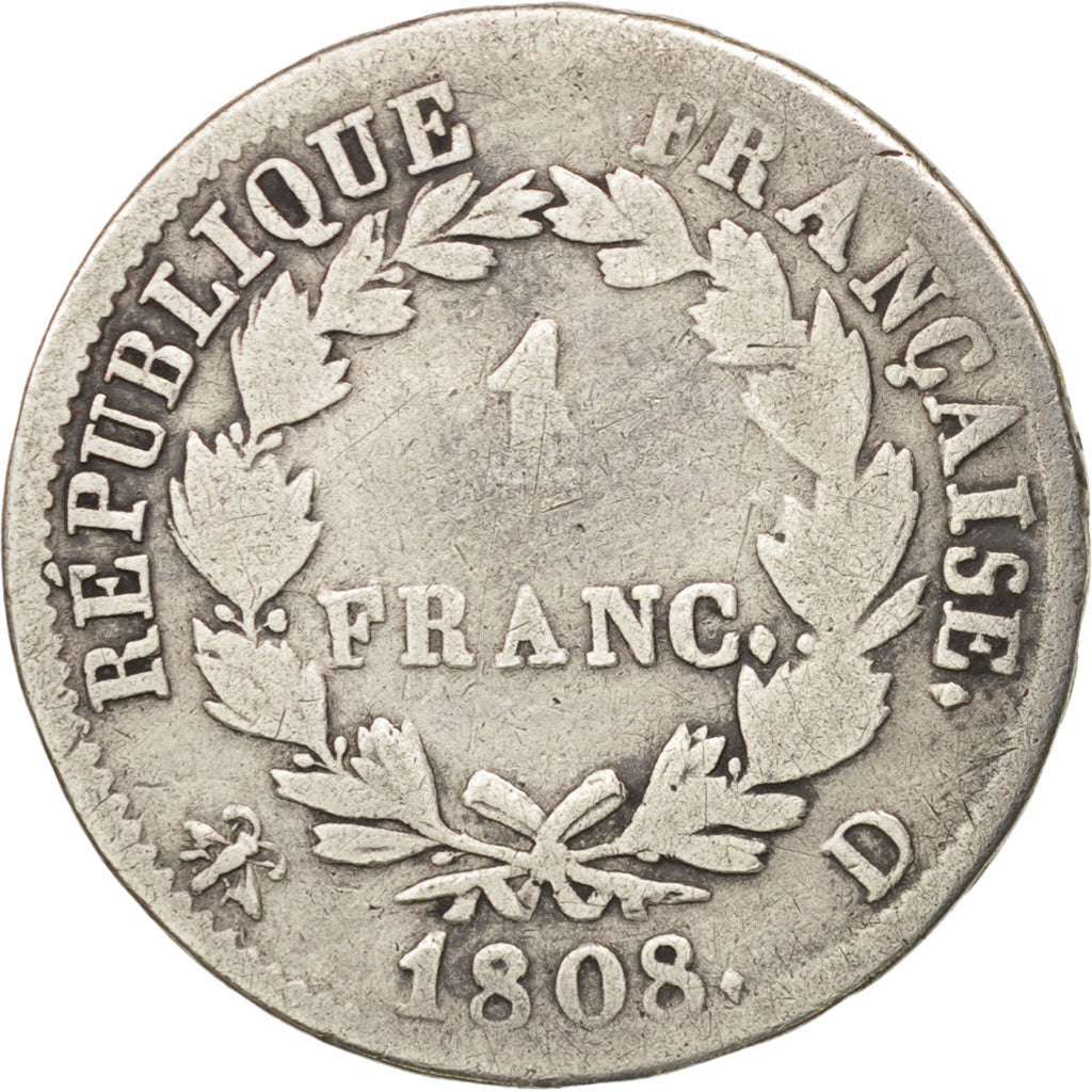 France, Napoléon I, Franc, 1808, Lyon, B+, Argent, KM:682.4, Gadoury:446