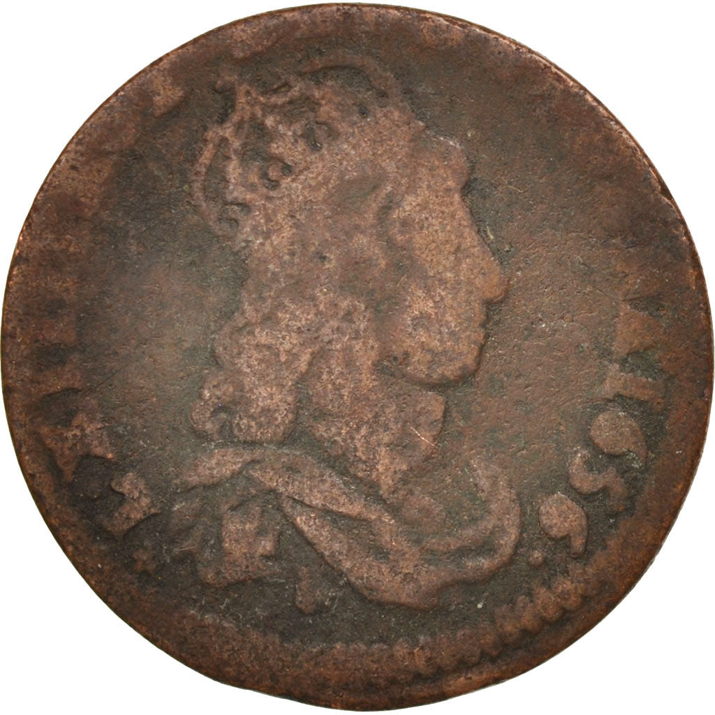 France, Louis XIV, Liard de France, 1656, Meung-sur-Loire, VF(20-25), KM:192.6