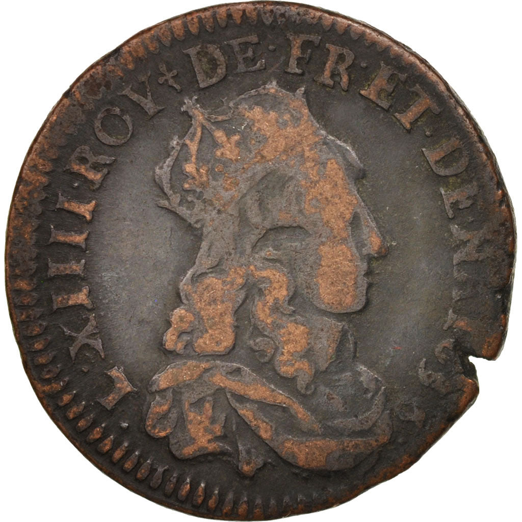 France, Louis XIV, Liard de France, 1656, Vimy, VF(30-35), KM:192.5
