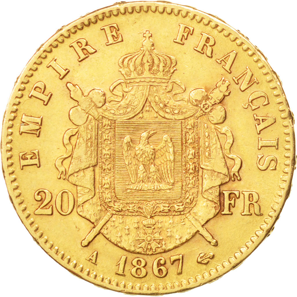 France, Napoleon III, 20 Francs, 1867, Paris, AU(50-53), Gold, KM:801.1