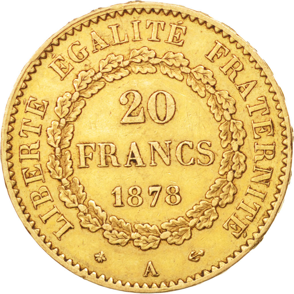 France, Génie, 20 Francs, 1878, Paris, AU(50-53), Gold, KM:825