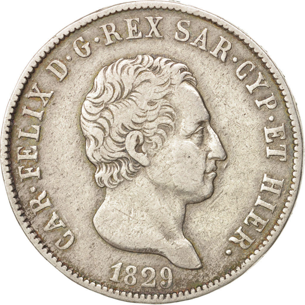 ITALIAN STATES, SARDINIA, Carlo Felice, 5 Lire, 1829, Torino, EF(40-45), Silver