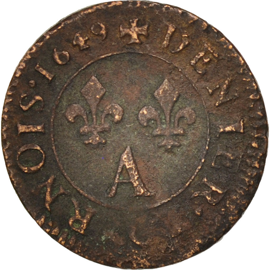 Frankreich, Louis XIV, Denier Tournois, 1649, Paris, VF(30-35), KM:167