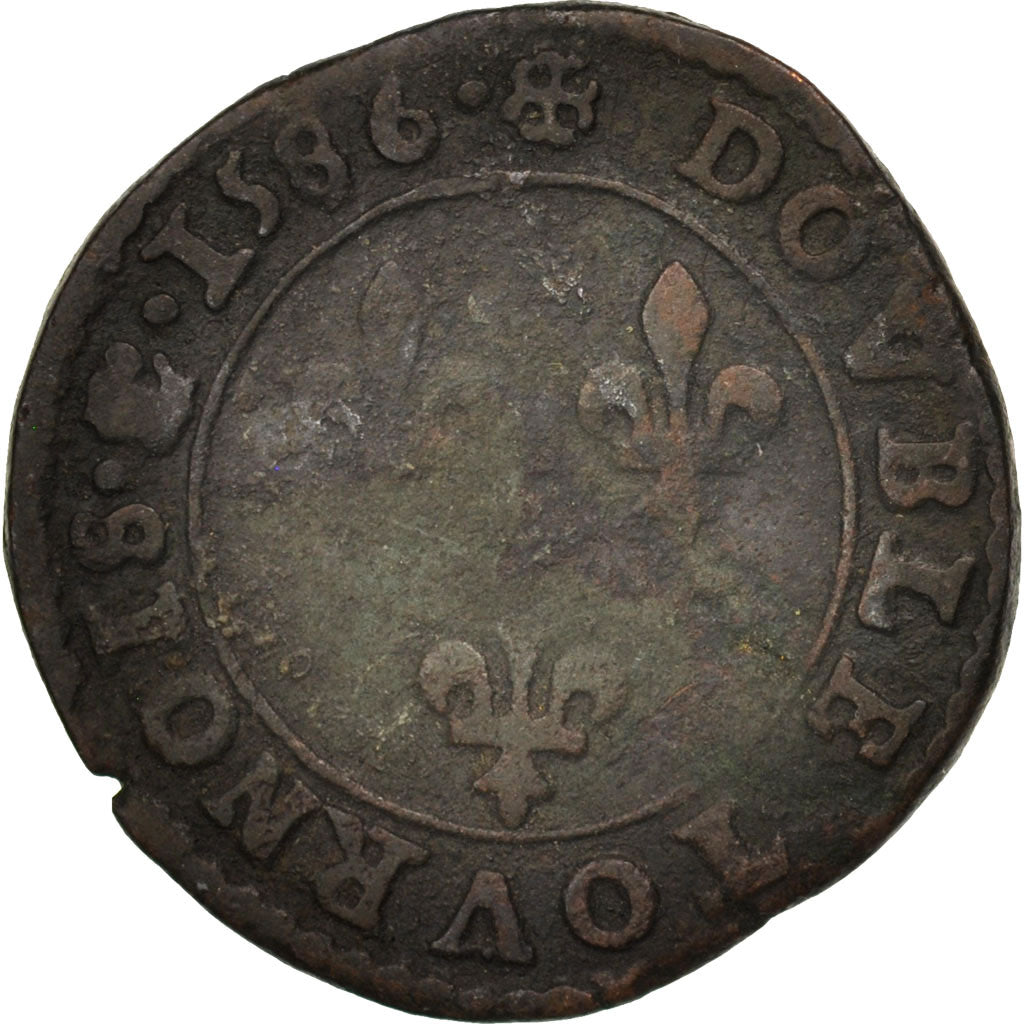 France, Henri III, Double Tournois, 1586, Saint Lô, F(12-15), Copper, CGKL:118