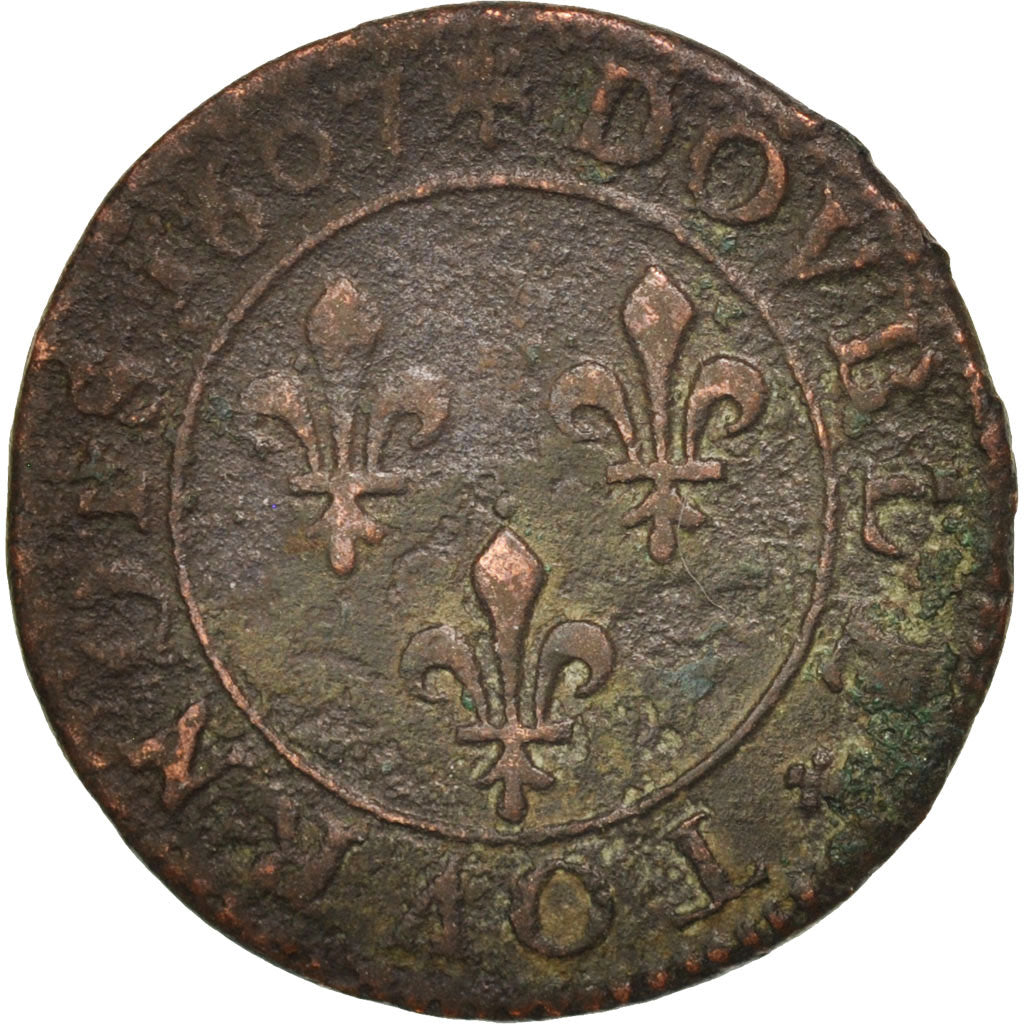 France, Henri IV, Double Tournois, 1607, Lyons, VF(20-25), Copper, CGKL:202A