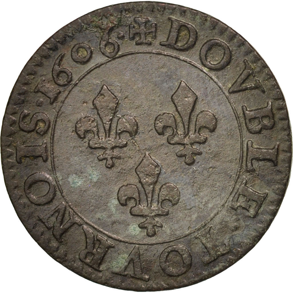 France, Henri IV, Double Tournois, 1606, Paris, VF(30-35), Copper, CGKL:222