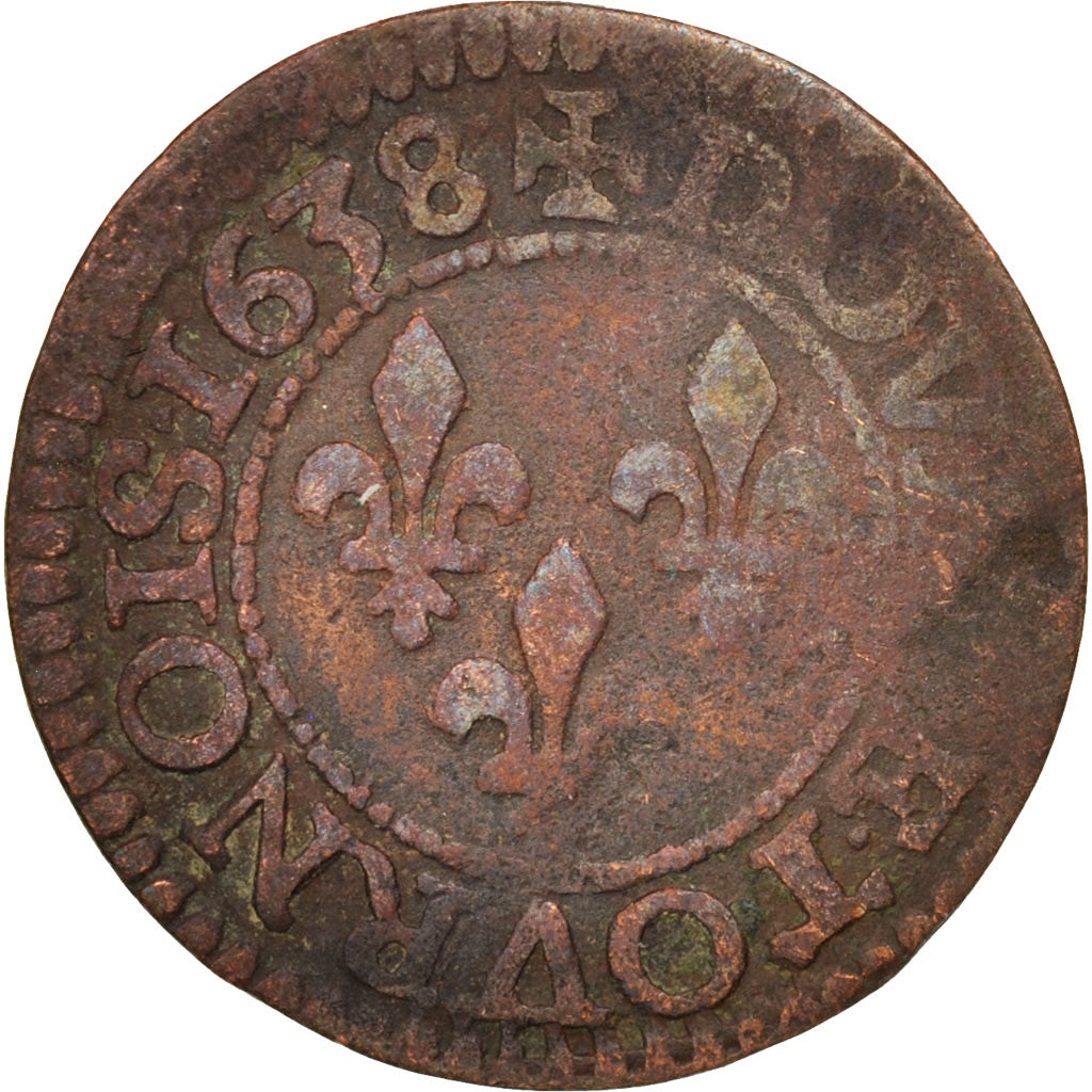 France, Louis XIII, Double tournois, 1638, Tours, VF(20-25), KM:86.4