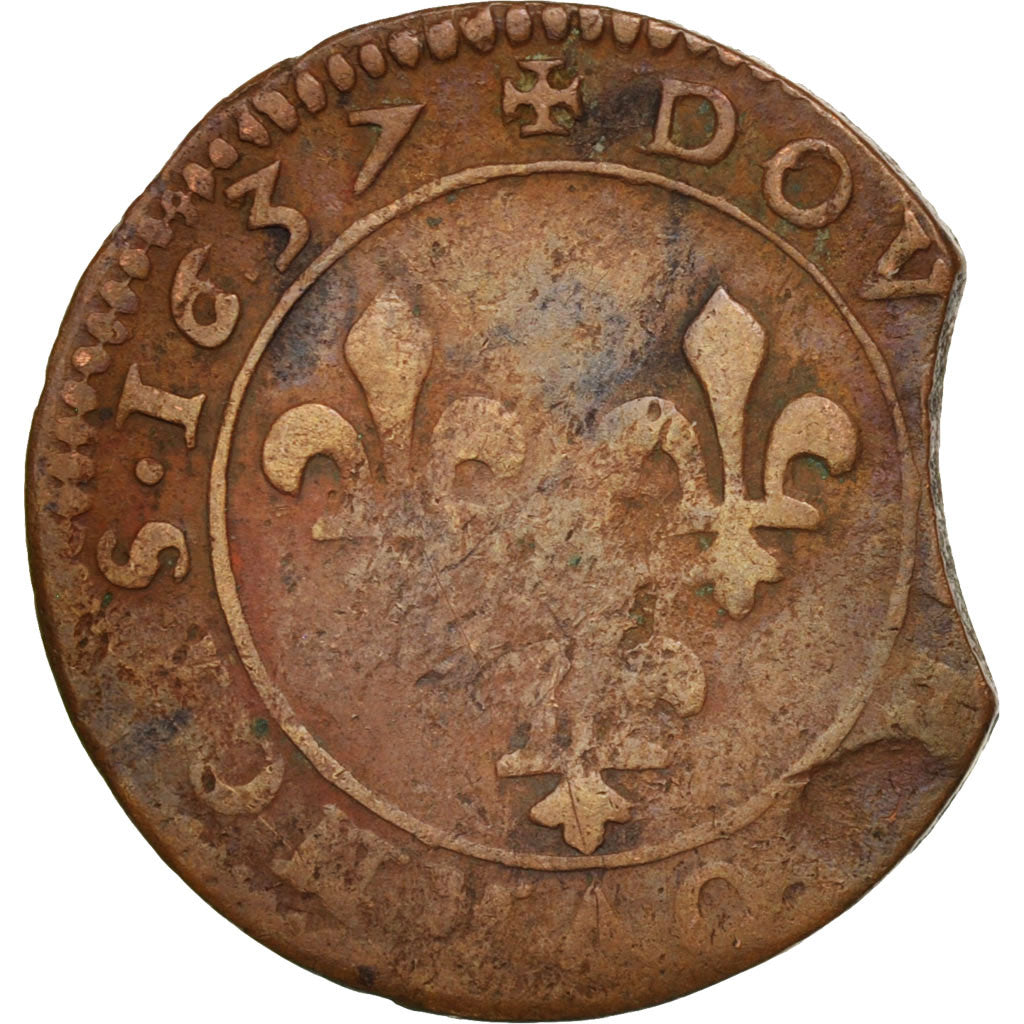 Coin, France, Louis XIII, Double tournois, buste laurée et drapé, Double