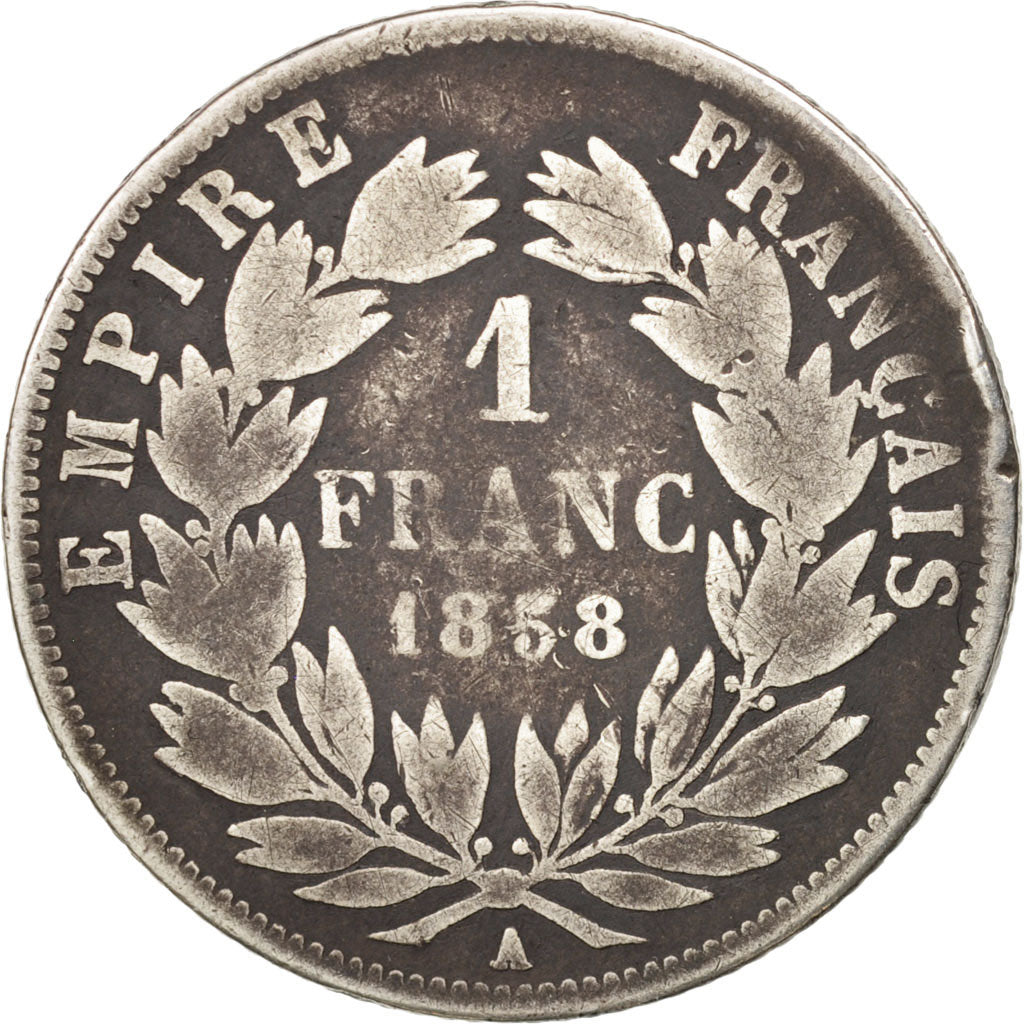 France, Napoleon III, Franc, 1858, Paris, VG(8-10), Silver, KM:779.1