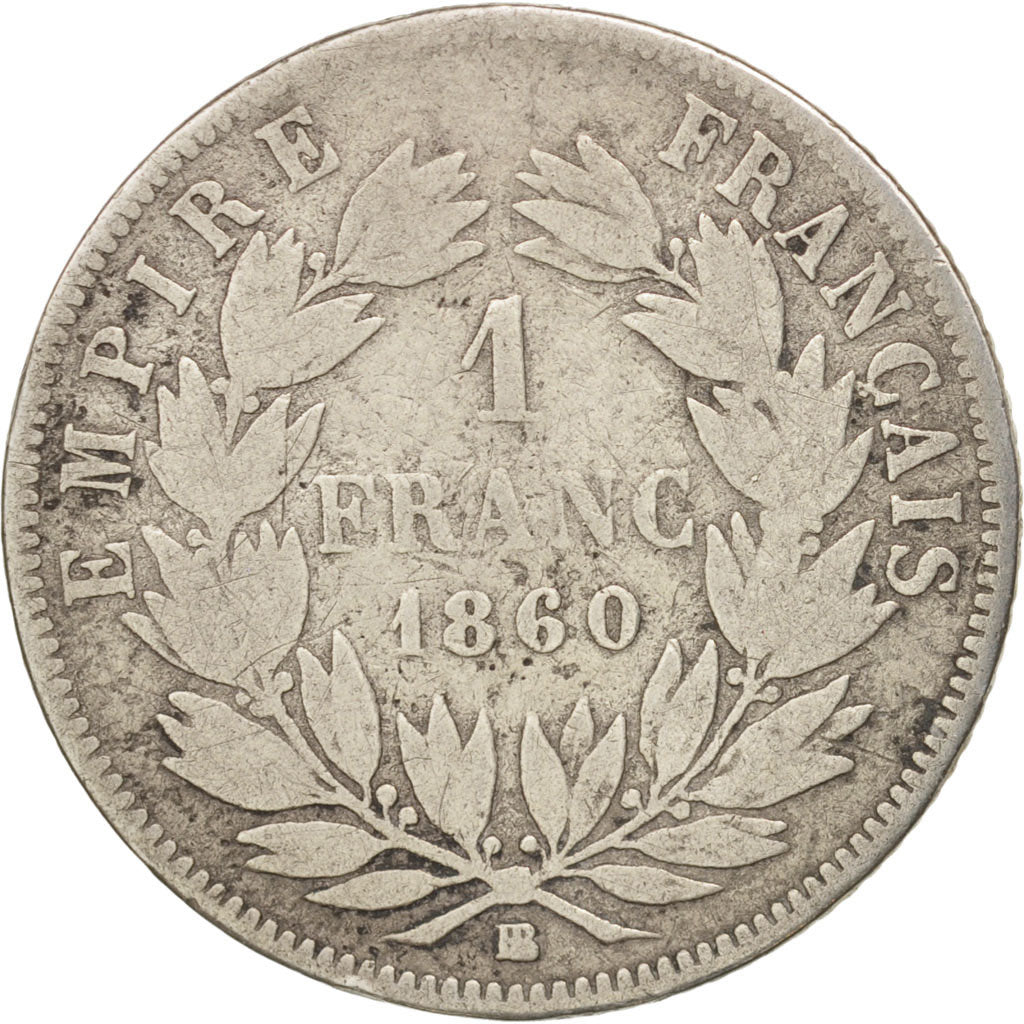 France, Napoleon III, Franc, 1860, Strasbourg, VG(8-10), Silver, KM:779.2