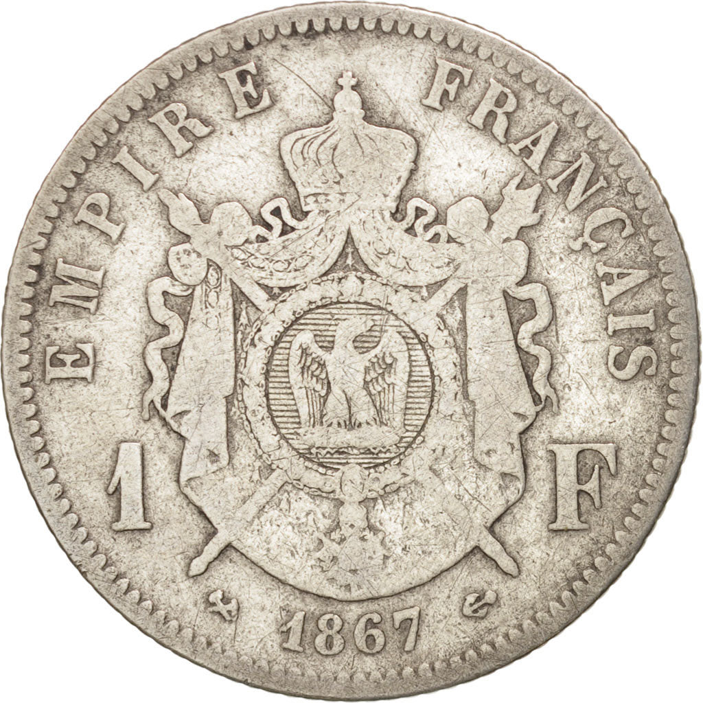 France, Napoleon III, Franc, 1867, Bordeaux, B+, Silver, Gadoury:863