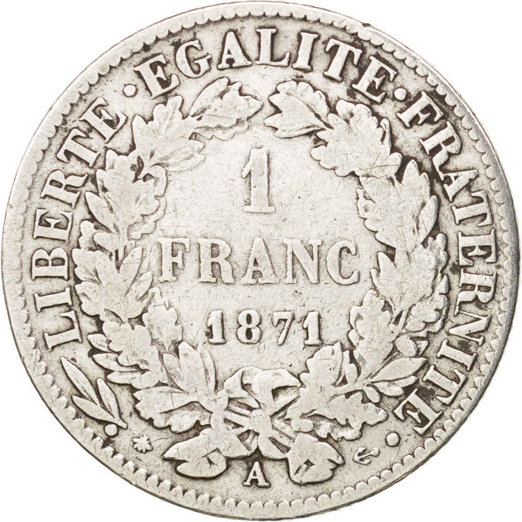Monnaie, France, Cérès, Franc, 1871, Paris, TB, Argent, KM:822.1, Gadoury:465