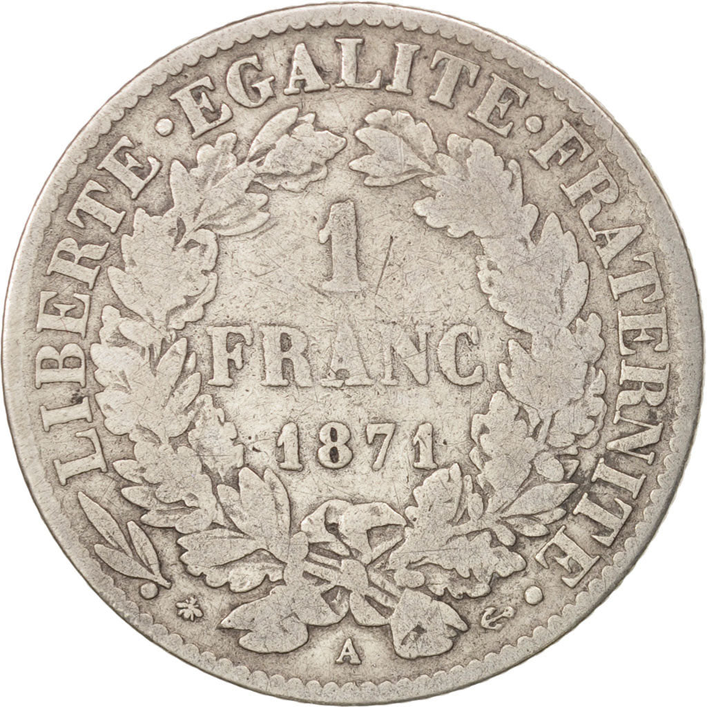 France, Cérès, Franc, 1871, Paris, VF(20-25), Silver, KM:822.1, Gadoury:465