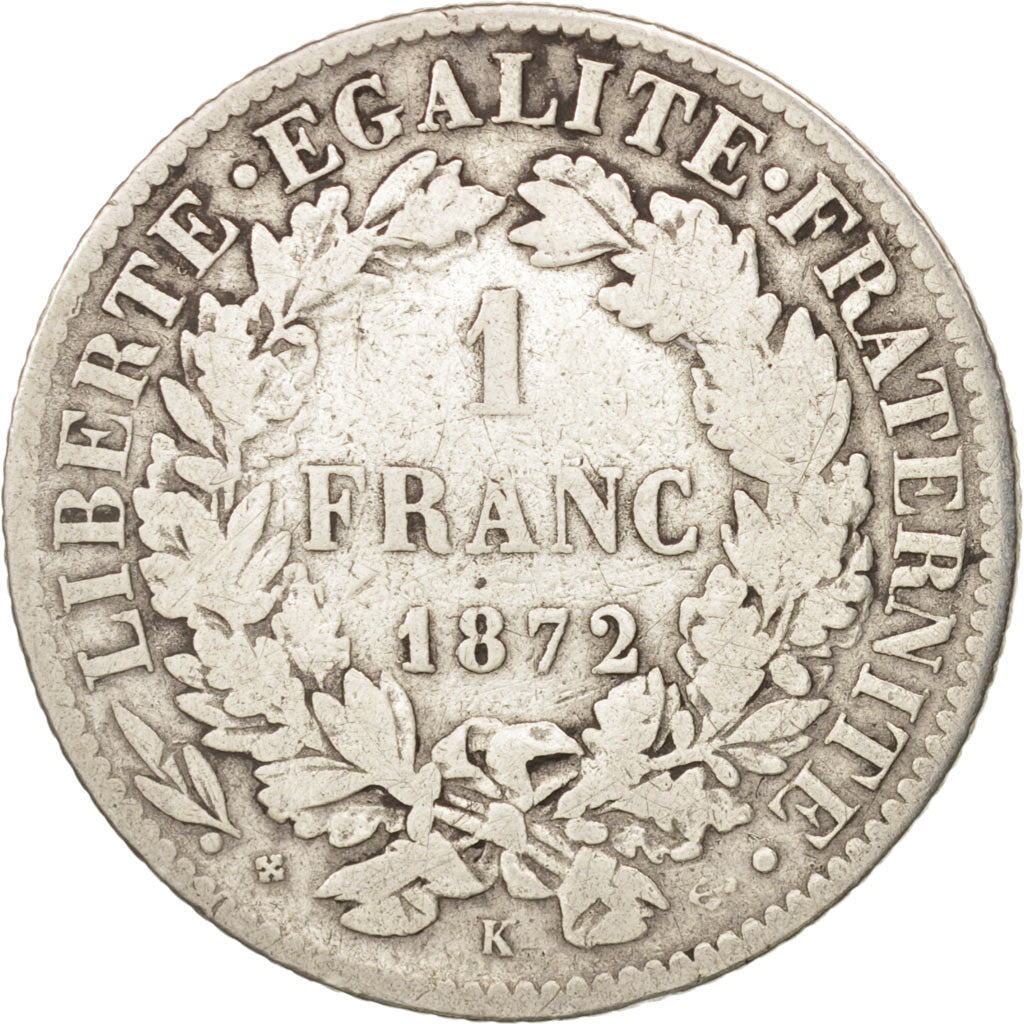 France, Cérès, Franc, 1872, Bordeaux, VF(20-25), Silver, KM:822.2