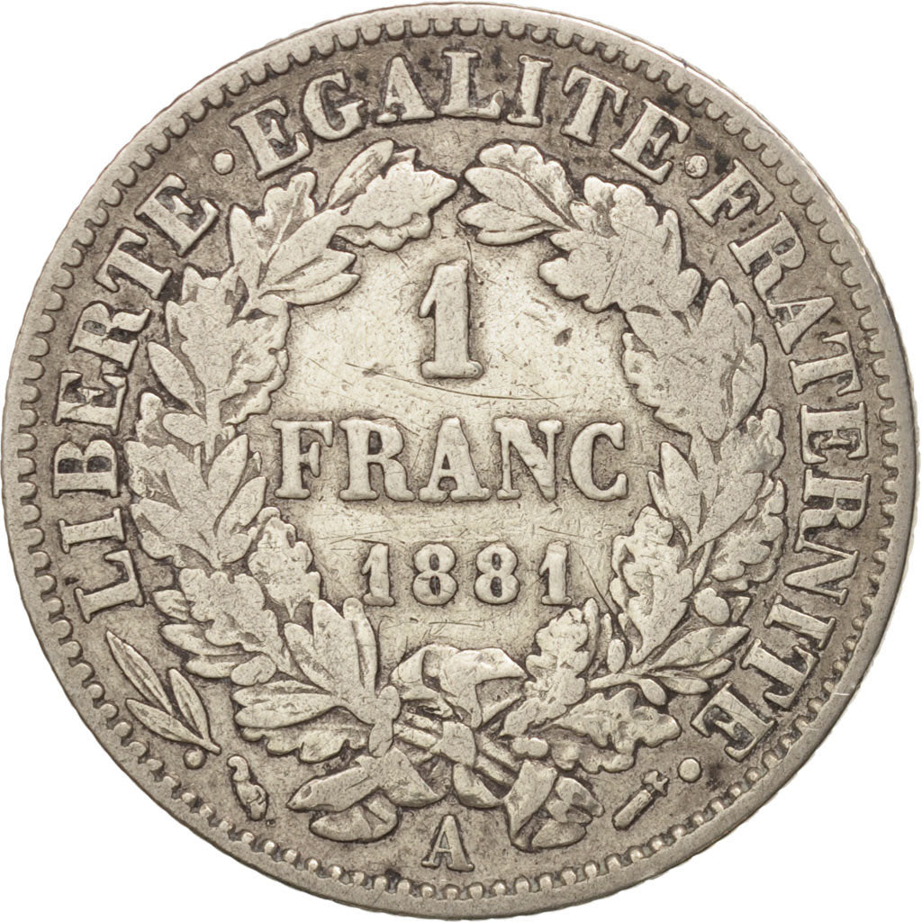 Monnaie, France, Cérès, Franc, 1881, Paris, TB+, Argent, KM:822.1
