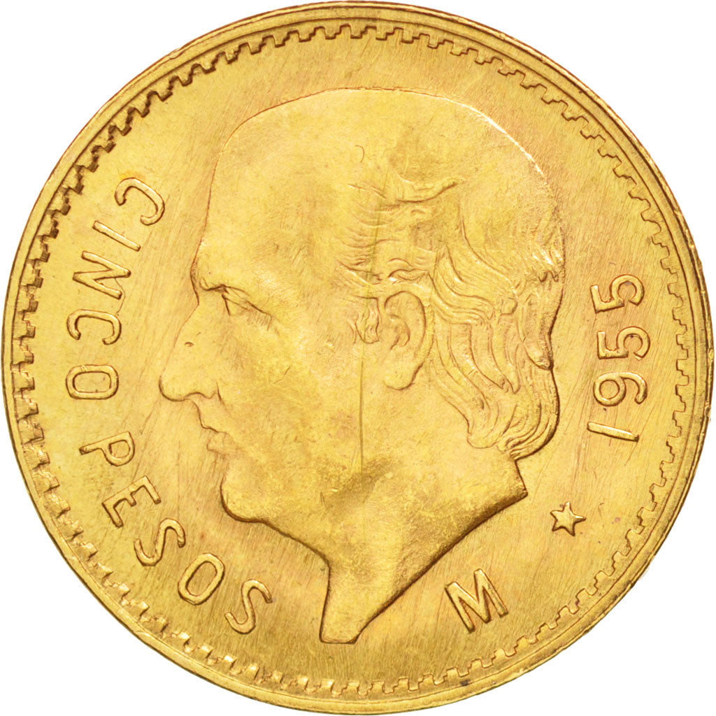 Mexico, 5 Pesos, 1955, Mexico City, AU(50-53), Gold, KM:464