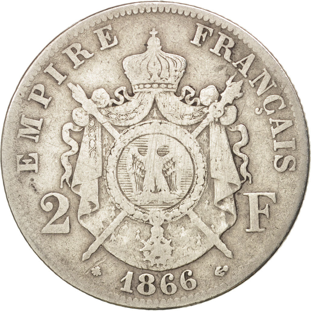 France, Napoleon III, 2 Francs, 1866, Paris, F(12-15), Silver, KM:807.1