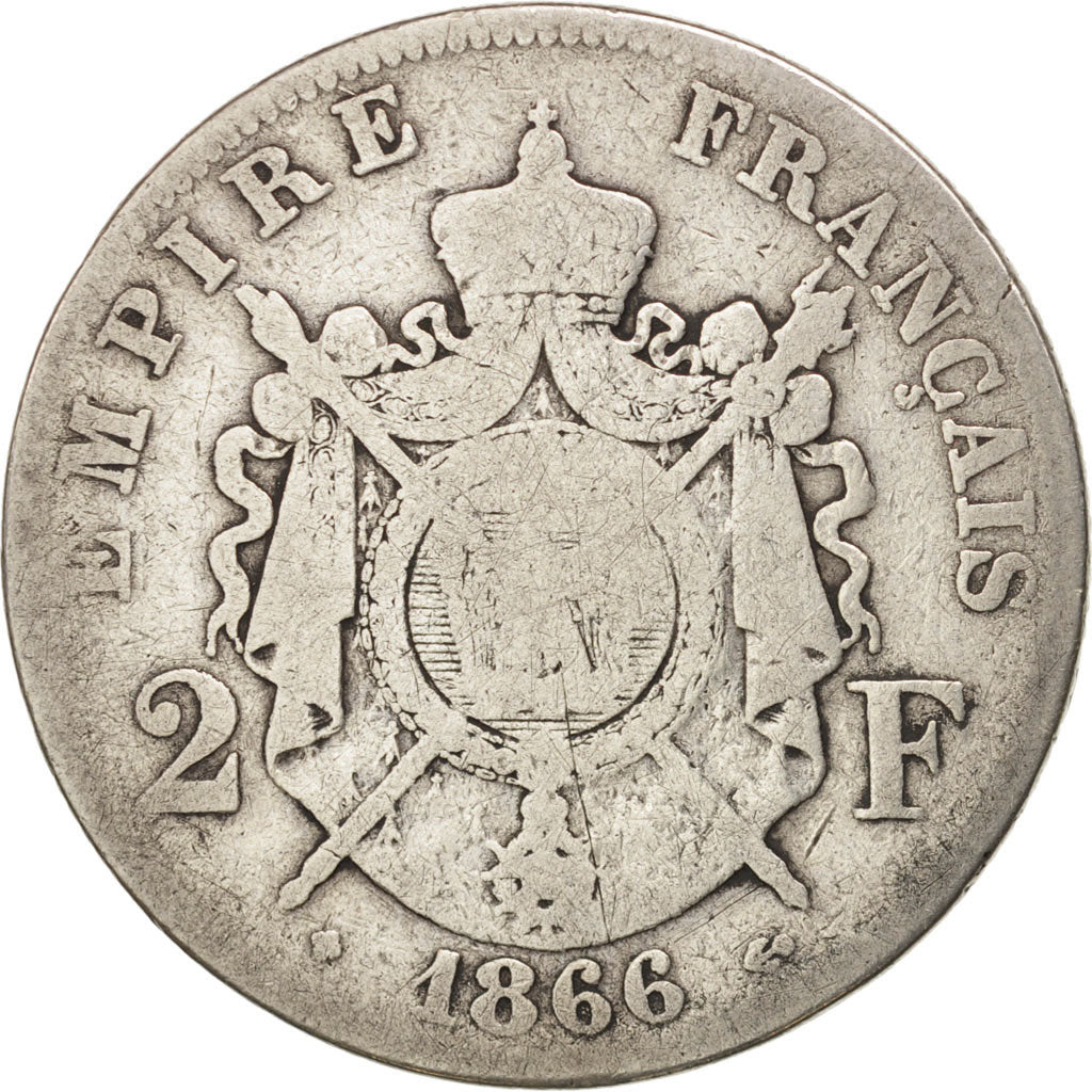 France, Napoleon III, 2 Francs, 1866, Strasbourg, B+, Argent, Gadoury:527