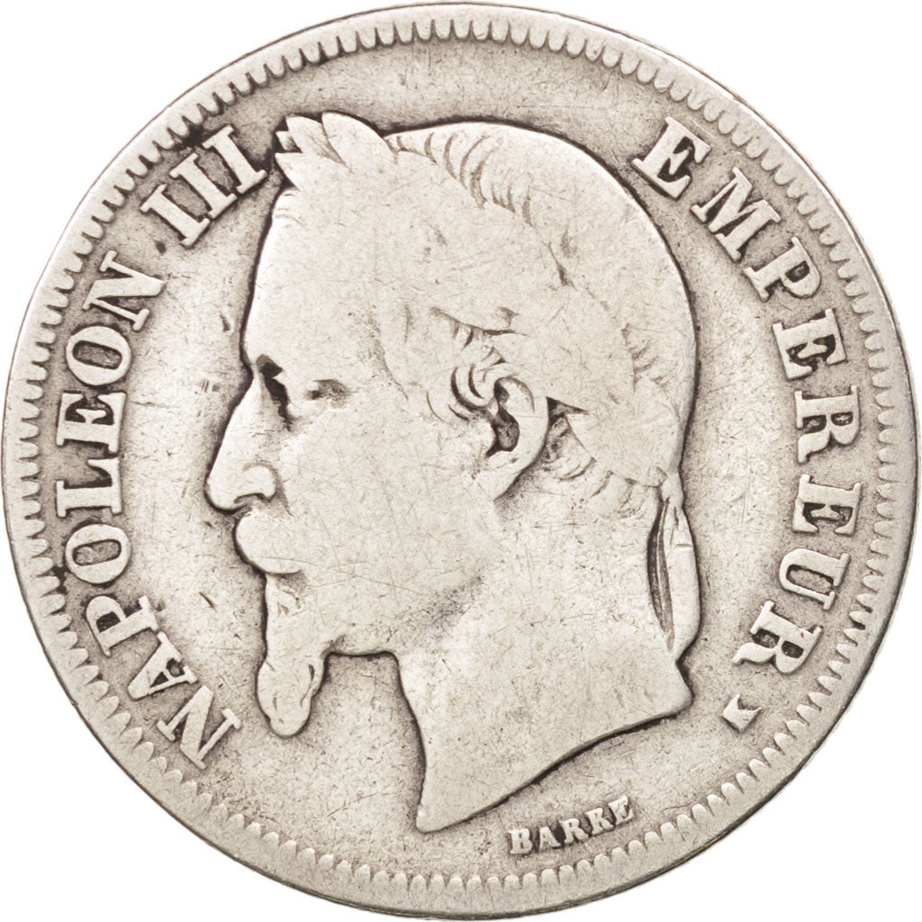 France, Napoleon III, 2 Francs, 1867, Bordeaux, VG(8-10), Silver, KM:807.3