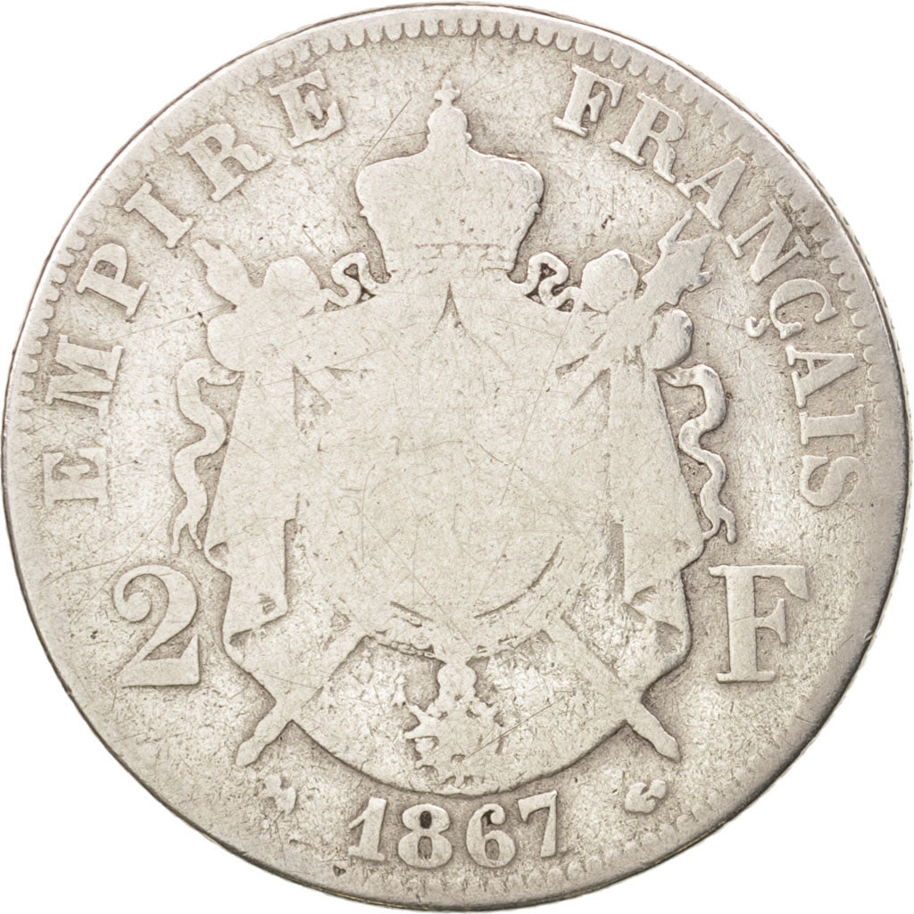 France, Napoleon III, 2 Francs, 1867, Bordeaux, VG(8-10), Silver, KM:807.3