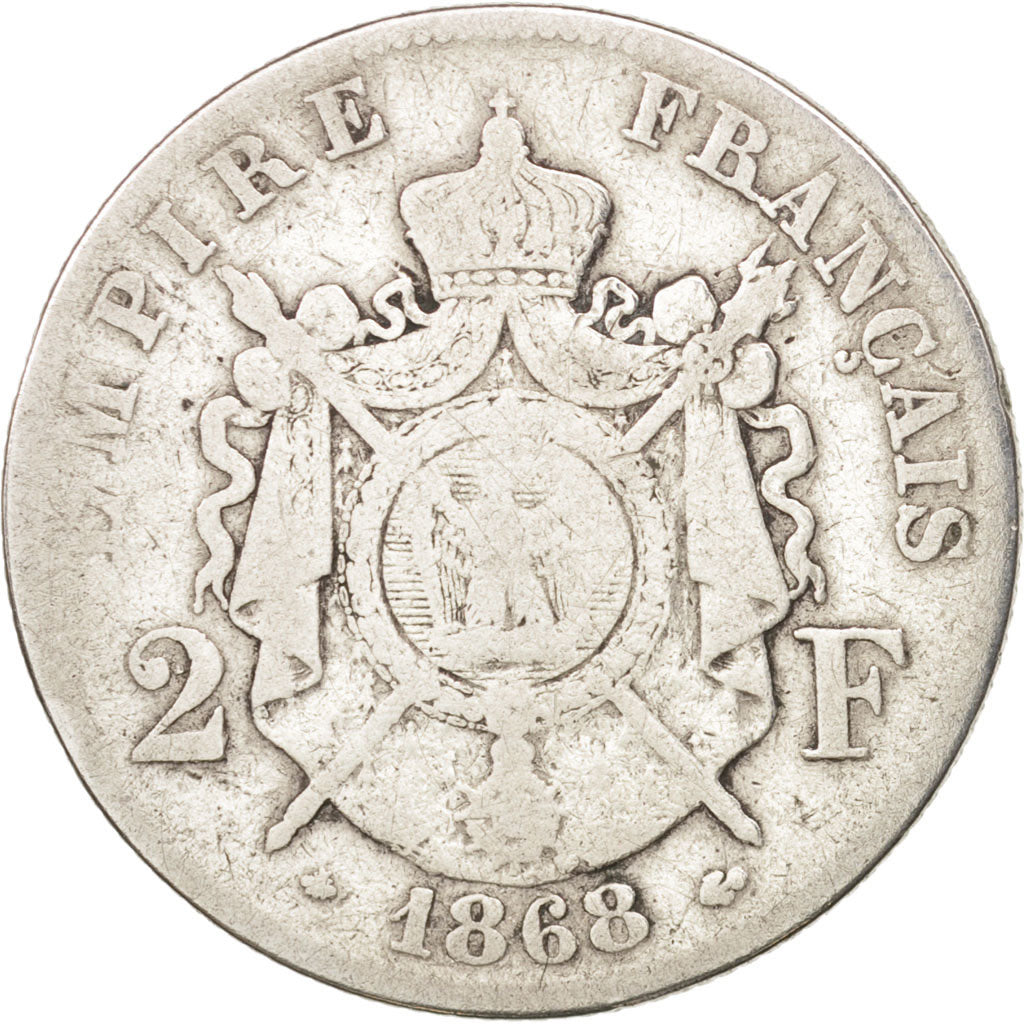 France, Napoleon III, 2 Francs, 1868, Paris, VG(8-10), Silver, KM:807.1